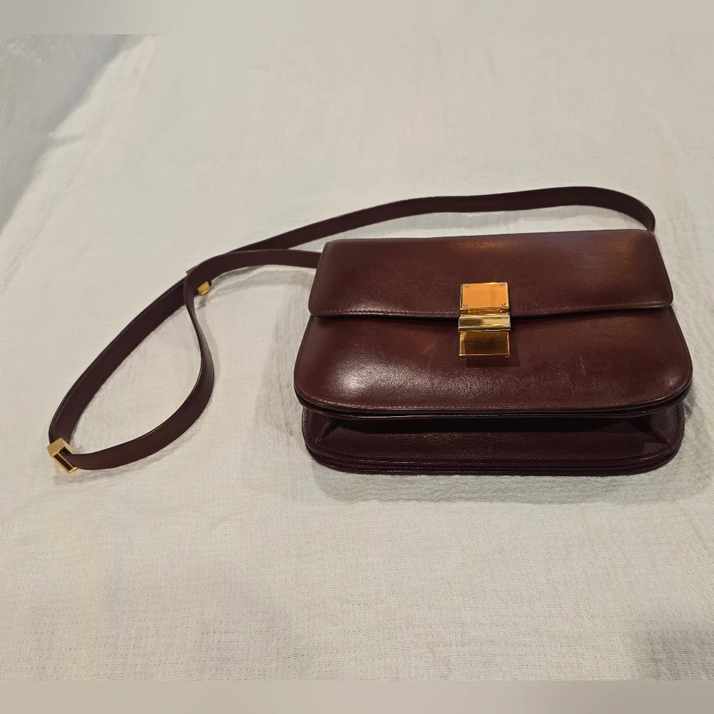 Celine Classic Box Leather Medium Bag Flap Purse Teen Triomphe Burgandy Brown - Picture 2 of 16